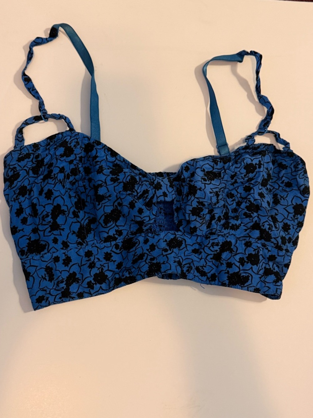 Free People Blue and Black Floral Crochet Bustier Top